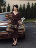 retro Klein blue V neck hip-wrapped knitted dress HZ1024