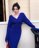 retro Klein blue V neck hip-wrapped knitted dress HZ1024