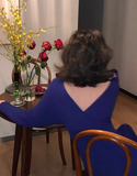 retro Klein blue V neck hip-wrapped knitted dress HZ1024