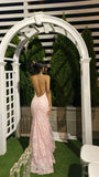 Pink Spaghetti Strap Mermaid Deep V Neck Tulle Applique Wedding Dress Backless Evening Dress HZ1024
