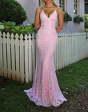Pink Spaghetti Strap Mermaid Deep V Neck Tulle Applique Wedding Dress Backless Evening Dress HZ1024