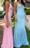 Pink Spaghetti Strap Mermaid Deep V Neck Tulle Applique Wedding Dress Backless Evening Dress HZ1024