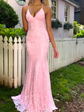 Pink Spaghetti Strap Mermaid Deep V Neck Tulle Applique Wedding Dress Backless Evening Dress HZ1024
