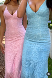 Pink Spaghetti Strap Mermaid Deep V Neck Tulle Applique Wedding Dress Backless Evening Dress HZ1024