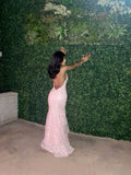 Pink Spaghetti Strap Mermaid Deep V Neck Tulle Applique Wedding Dress Backless Evening Dress HZ1024