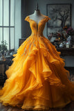Yellow Deep V Neck Tulle A-Line Long Prom Dresses Unique Wedding Dress HZ1024
