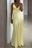 Yellow Backless Satin Sheath Spaghetti Strap V-Neck Party Dress Prom Dress HZ1024