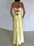 Yellow Backless Satin Sheath Spaghetti Strap V-Neck Party Dress Prom Dress HZ1024