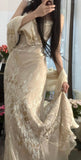 Apricot Spaghetti Strap Printed Chiffon Long Party Dress Elegant Evening Dress with Shawl HZ1024