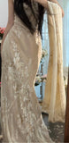 Apricot Spaghetti Strap Printed Chiffon Long Party Dress Elegant Evening Dress with Shawl HZ1024