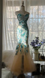 Blue Sweetheart Mermaid Tulle Evening Dresses Gorgeous Beaded Long Prom Dresses HZ1024
