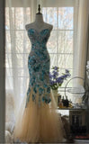 Blue Sweetheart Mermaid Tulle Evening Dresses Gorgeous Beaded Long Prom Dresses HZ1024