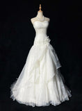 White Strapless A-Line Tulle Lace Applique Wedding Dresses Long Prom Dresses HZ1024