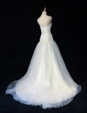 White Strapless A-Line Tulle Lace Applique Wedding Dresses Long Prom Dresses HZ1024