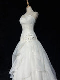 White Strapless A-Line Tulle Lace Applique Wedding Dresses Long Prom Dresses HZ1024