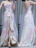 Colorful V-neck Chiffon Long Prom Dresses Shiny Beaded Backless Evening Dresses with Silt HZ1024