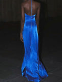 Royal Blue V-neck Sheath Evening Dress Sexy Backless Satin Long Prom Dresses with Slits HZ1024