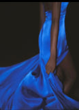 Royal Blue V-neck Sheath Evening Dress Sexy Backless Satin Long Prom Dresses with Slits HZ1024