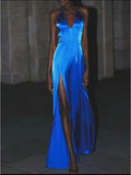 Royal Blue V-neck Sheath Evening Dress Sexy Backless Satin Long Prom Dresses with Slits HZ1024
