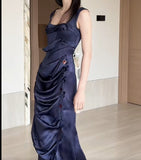 Navy Blue Square Neck Satin Pleated Party Dress Cocktail Dress HZ1024