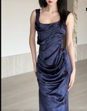 Navy Blue Square Neck Satin Pleated Party Dress Cocktail Dress HZ1024