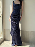 Navy Blue Square Neck Satin Pleated Party Dress Cocktail Dress HZ1024