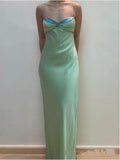 Spaghetti Strap Green Satin Sheath Evening Dresses Gothic Prom Dresses HZ1024