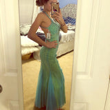 Beaded Tulle Mermaid Backless Evening Dress Gorgeous Spaghetti Straps Green Long Prom Dresses HZ1024