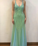 Beaded Tulle Mermaid Backless Evening Dress Gorgeous Spaghetti Straps Green Long Prom Dresses HZ1024