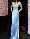 Ice Blue Satin Sheath Strapless Evening Dress Elegant Long Prom Dresses with Beading HZ1024