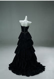 Black Strapless A-Line Velvet Layered Long Prom Dresses Formal Evening Dresses HZ1024