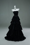 Black Strapless A-Line Velvet Layered Long Prom Dresses Formal Evening Dresses HZ1024