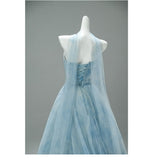 Strapless Blue A-Line Tulle Evening Dress Sparkling Beaded Long Prom Dresses HZ1024