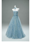 Strapless Blue A-Line Tulle Evening Dress Sparkling Beaded Long Prom Dresses HZ1024