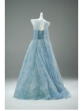 Strapless Blue A-Line Tulle Evening Dress Sparkling Beaded Long Prom Dresses HZ1024