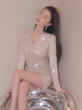 style sequined short skirt V-neck long sleeve dress HZ1024