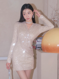 style sequined short skirt V-neck long sleeve dress HZ1024