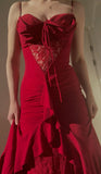 Red A-Line Spaghetti Straps Chiffon Party Dresses Vintage Lace Applique Prom Dresses HZ1024