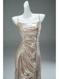 Champagne Spaghetti Strap Mermaid Shining Long Evening Dress Elegant Prom Dress HZ1024