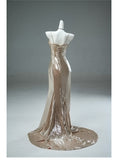 Champagne Spaghetti Strap Mermaid Shining Long Evening Dress Elegant Prom Dress HZ1024