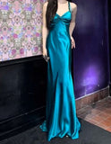 Teal Spaghetti Straps Satin Sheath Backless Retro Long Party Dress HZ1024