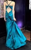 Teal Spaghetti Straps Satin Sheath Backless Retro Long Party Dress HZ1024