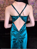 Teal Spaghetti Straps Satin Sheath Backless Retro Long Party Dress HZ1024