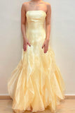 Yellow Strapless Chiffon Mermaid Backless Evening Dresses HZ1024