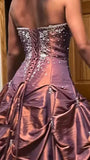Red Brown Strapless A-Line Satin Beaded Long Prom Dresses HZ1024