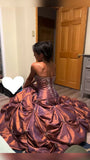 Red Brown Strapless A-Line Satin Beaded Long Prom Dresses HZ1024