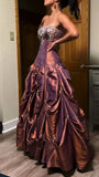 Red Brown Strapless A-Line Satin Beaded Long Prom Dresses HZ1024