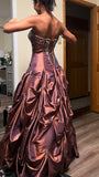 Red Brown Strapless A-Line Satin Beaded Long Prom Dresses HZ1024