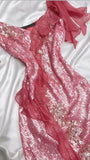 Hot Pink Spaghetti Strap Bodycon Sequin Party Dress Prom Dresses with Slits HZ1024