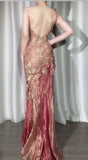 Gold Lace Applique Bodycon Pink Tulle Long Prom Dresses Vintage Formal Evening Dress HZ1024